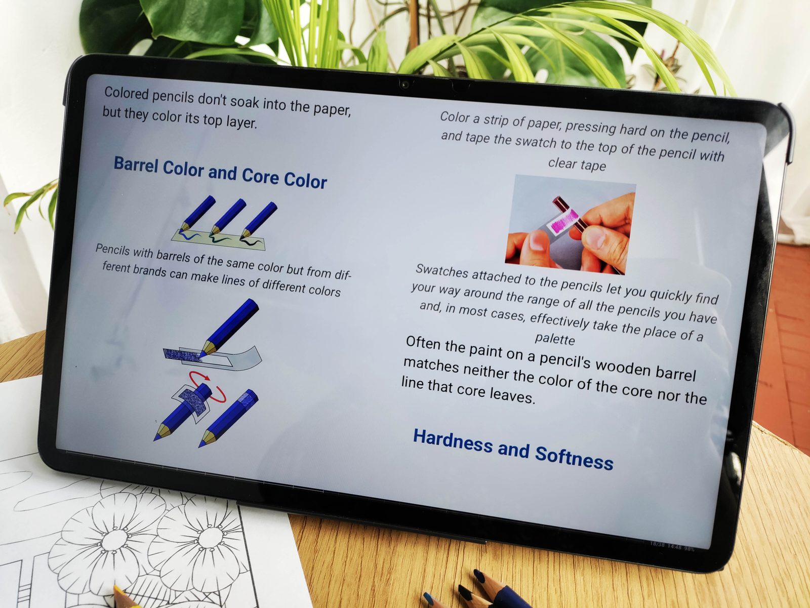 The EPUB e-book on a tablet showing a page about pencil barrel color and core color