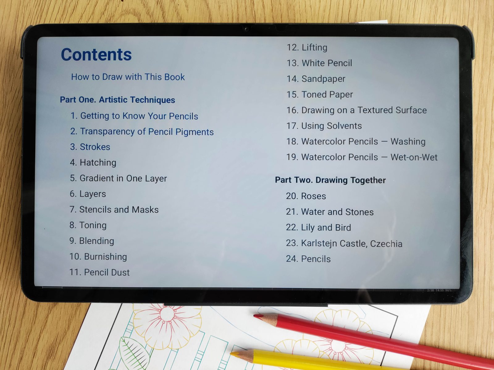 Contents of the EPUB e-book on a tablet: 19 techniques and 5 drawing lessons